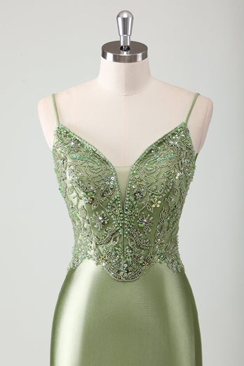 Sparkly Sage Mermaid Spaghetti Straps Long Formal Dress with Appliques