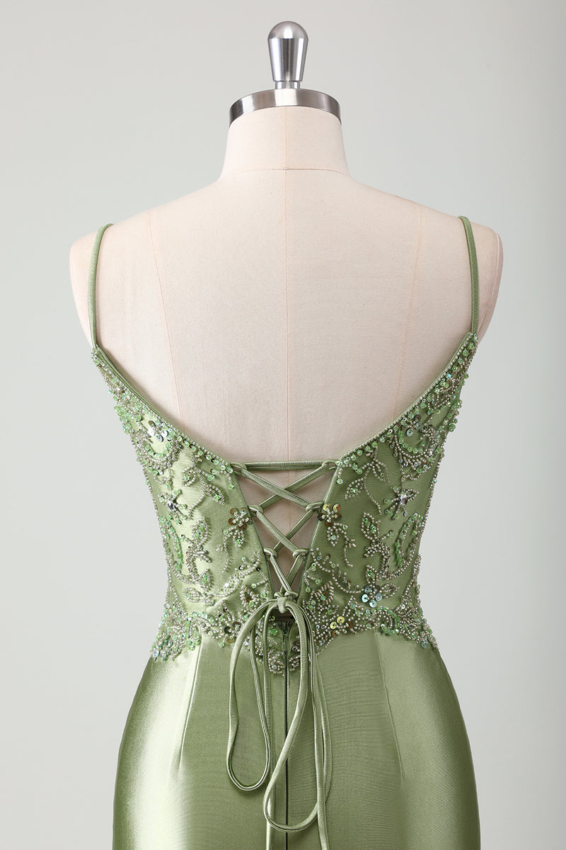 Load image into Gallery viewer, Sparkly Sage Mermaid Spaghetti Straps Long Formal Dress with Appliques