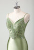 Load image into Gallery viewer, Sparkly Sage Mermaid Spaghetti Straps Long Formal Dress with Appliques