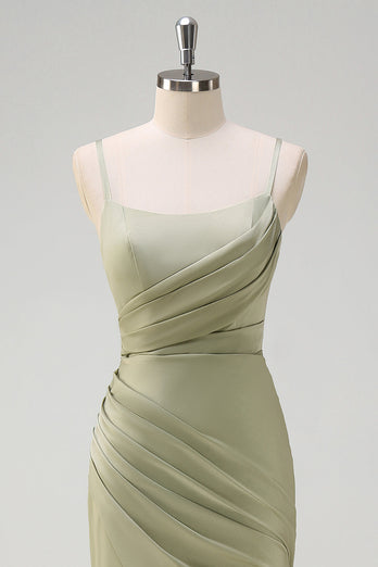 Sage Mermaid Spaghetti Straps Ruched Satin Long Bridesmaid Dress with Slit