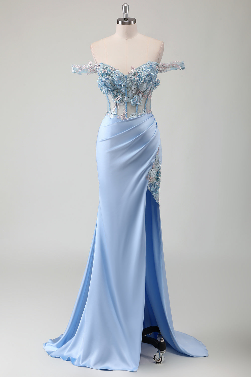 Light Blue Floral Corset Off The Shoulder Long Formal Dress with Slit