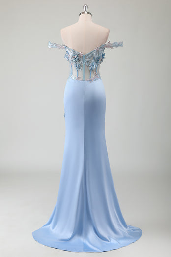 Light Blue Floral Corset Off The Shoulder Long Formal Dress with Slit