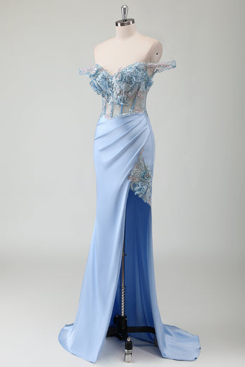 Light Blue Floral Corset Off The Shoulder Long Formal Dress with Slit