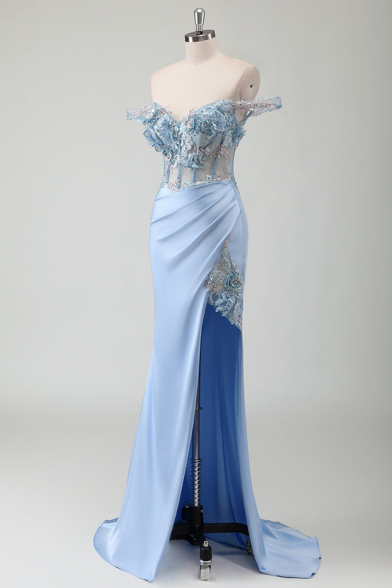 Load image into Gallery viewer, Light Blue Floral Corset Off The Shoulder Long Formal Dress with Slit