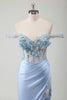 Load image into Gallery viewer, Light Blue Floral Corset Off The Shoulder Long Formal Dress with Slit