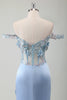 Load image into Gallery viewer, Light Blue Floral Corset Off The Shoulder Long Formal Dress with Slit