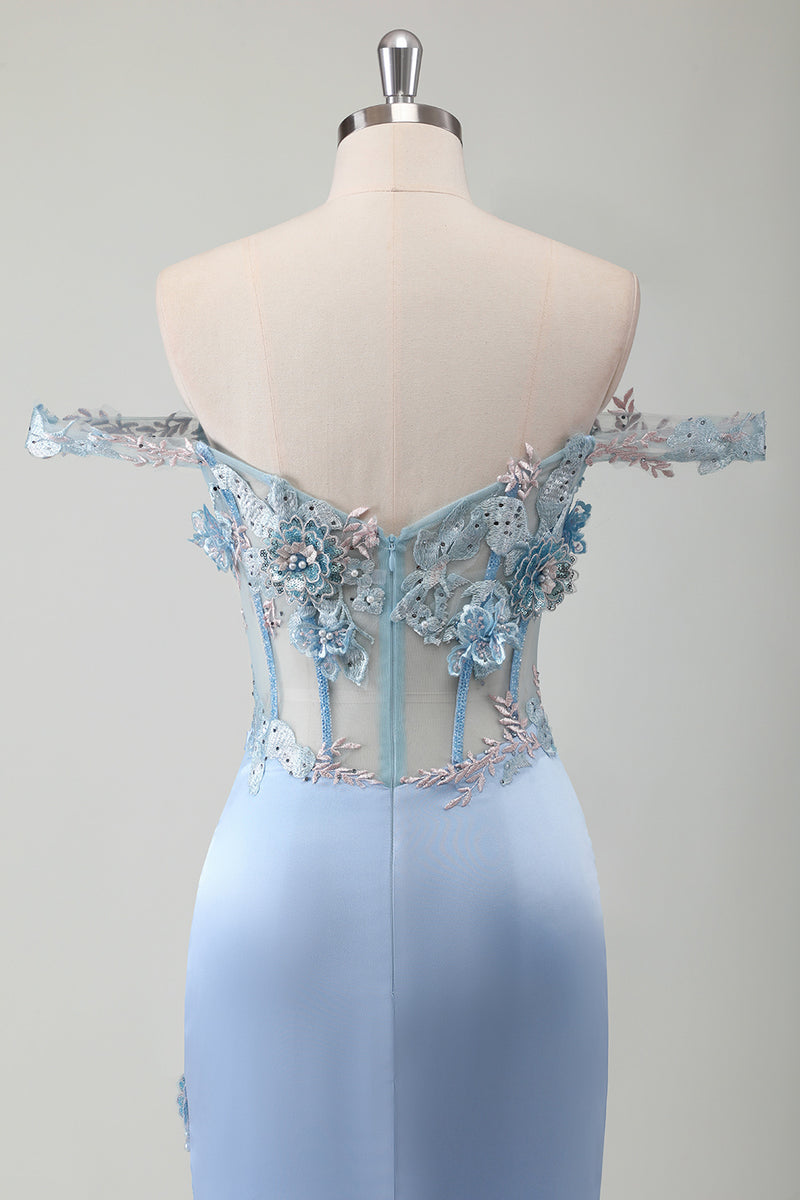 Load image into Gallery viewer, Light Blue Floral Corset Off The Shoulder Long Formal Dress with Slit