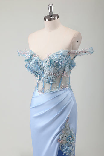 Light Blue Floral Corset Off The Shoulder Long Formal Dress with Slit