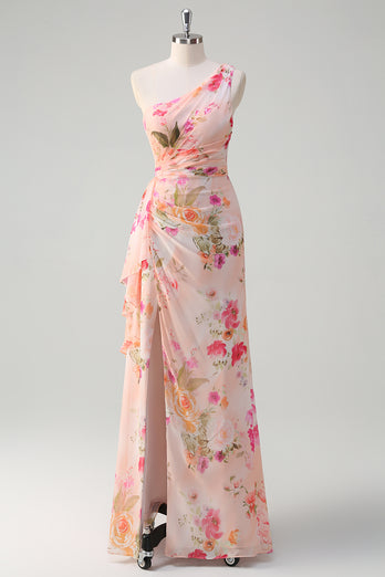 Floral Peach One Shoulder Embroidered Long Formal Dress with Slit