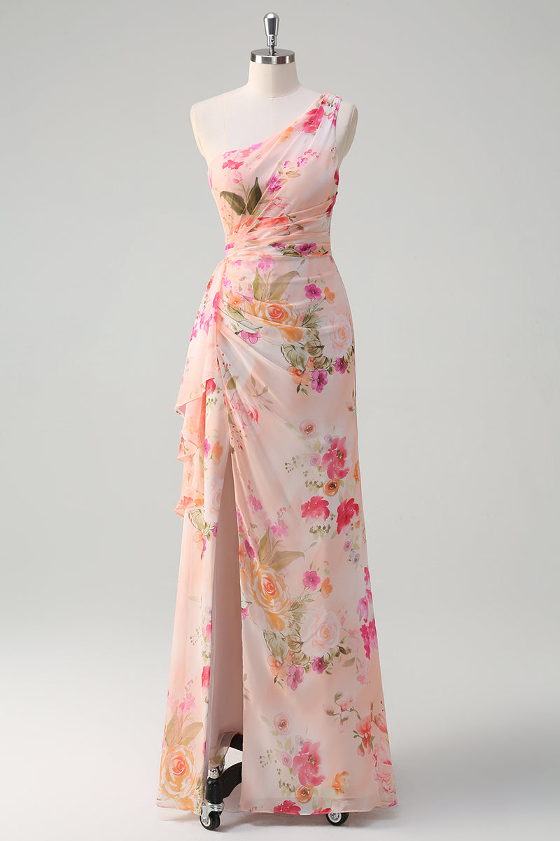 Load image into Gallery viewer, Floral Peach One Shoulder Embroidered Long Formal Dress with Slit