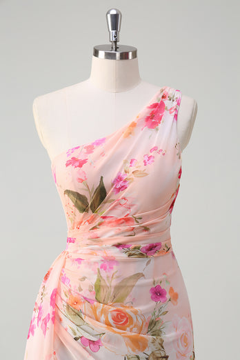 Floral Peach One Shoulder Embroidered Long Formal Dress with Slit