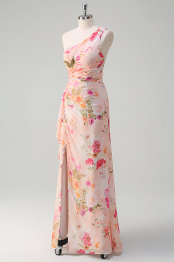 Floral Peach One Shoulder Embroidered Long Formal Dress with Slit