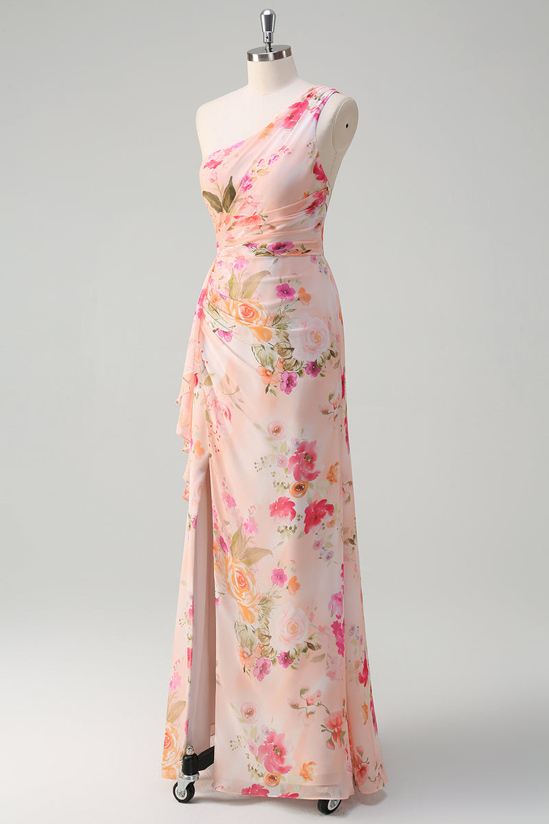 Load image into Gallery viewer, Floral Peach One Shoulder Embroidered Long Formal Dress with Slit