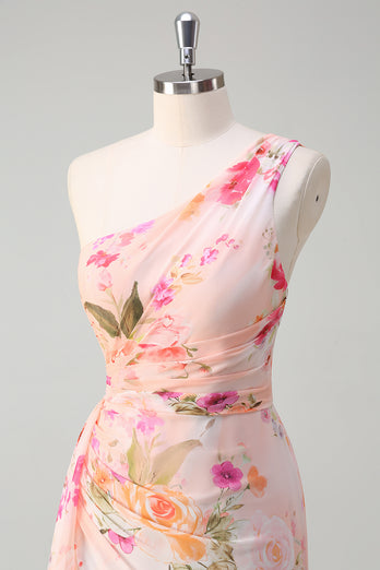 Floral Peach One Shoulder Embroidered Long Formal Dress with Slit