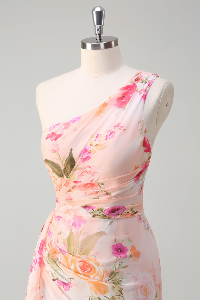 Load image into Gallery viewer, Floral Peach One Shoulder Embroidered Long Formal Dress with Slit