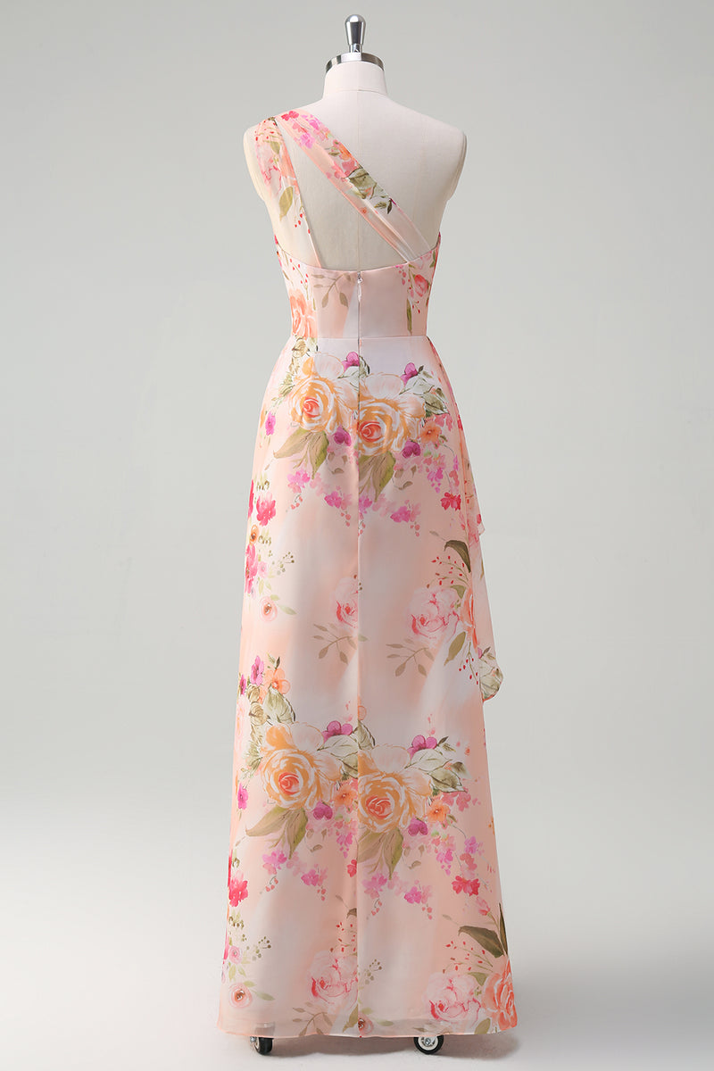 Load image into Gallery viewer, Floral Peach One Shoulder Embroidered Long Formal Dress with Slit