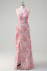 Load image into Gallery viewer, Pink Floral Ruched One Shoulder Long Formal Dress with Embroidery