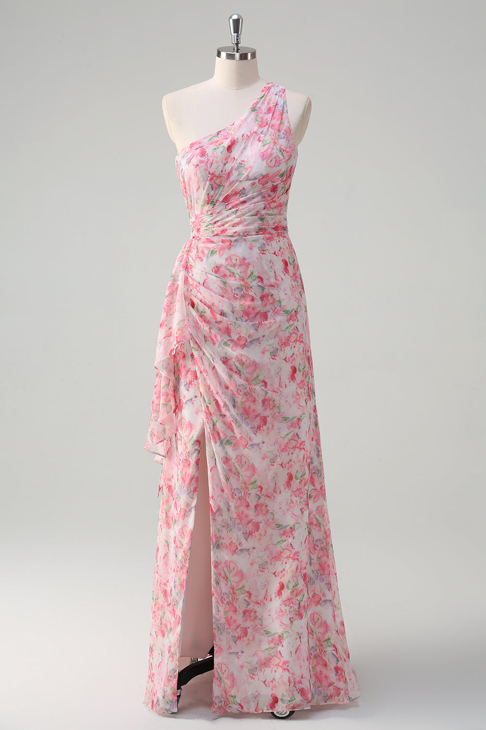 Pink Floral Ruched One Shoulder Long Formal Dress with Embroidery