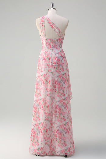 Pink Floral Ruched One Shoulder Long Formal Dress with Embroidery