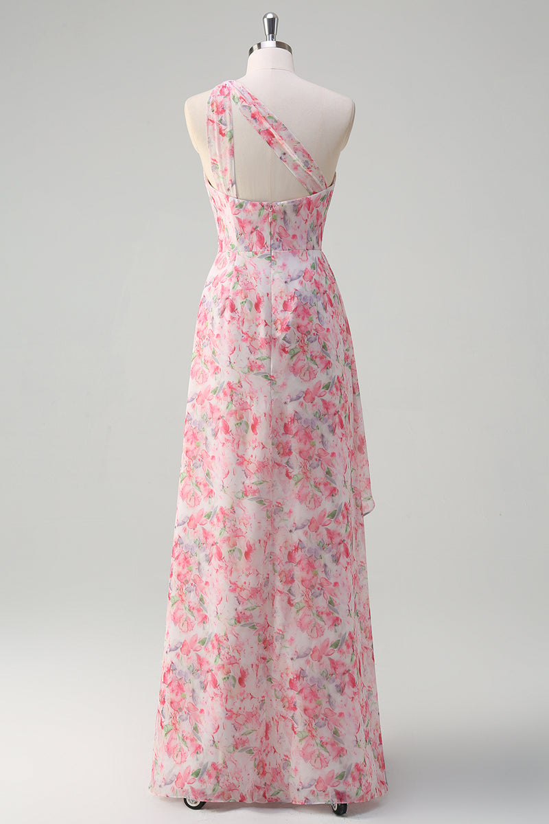 Load image into Gallery viewer, Pink Floral Ruched One Shoulder Long Formal Dress with Embroidery