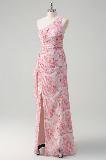 Pink Floral Ruched One Shoulder Long Formal Dress with Embroidery