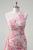 Load image into Gallery viewer, Pink Floral Ruched One Shoulder Long Formal Dress with Embroidery