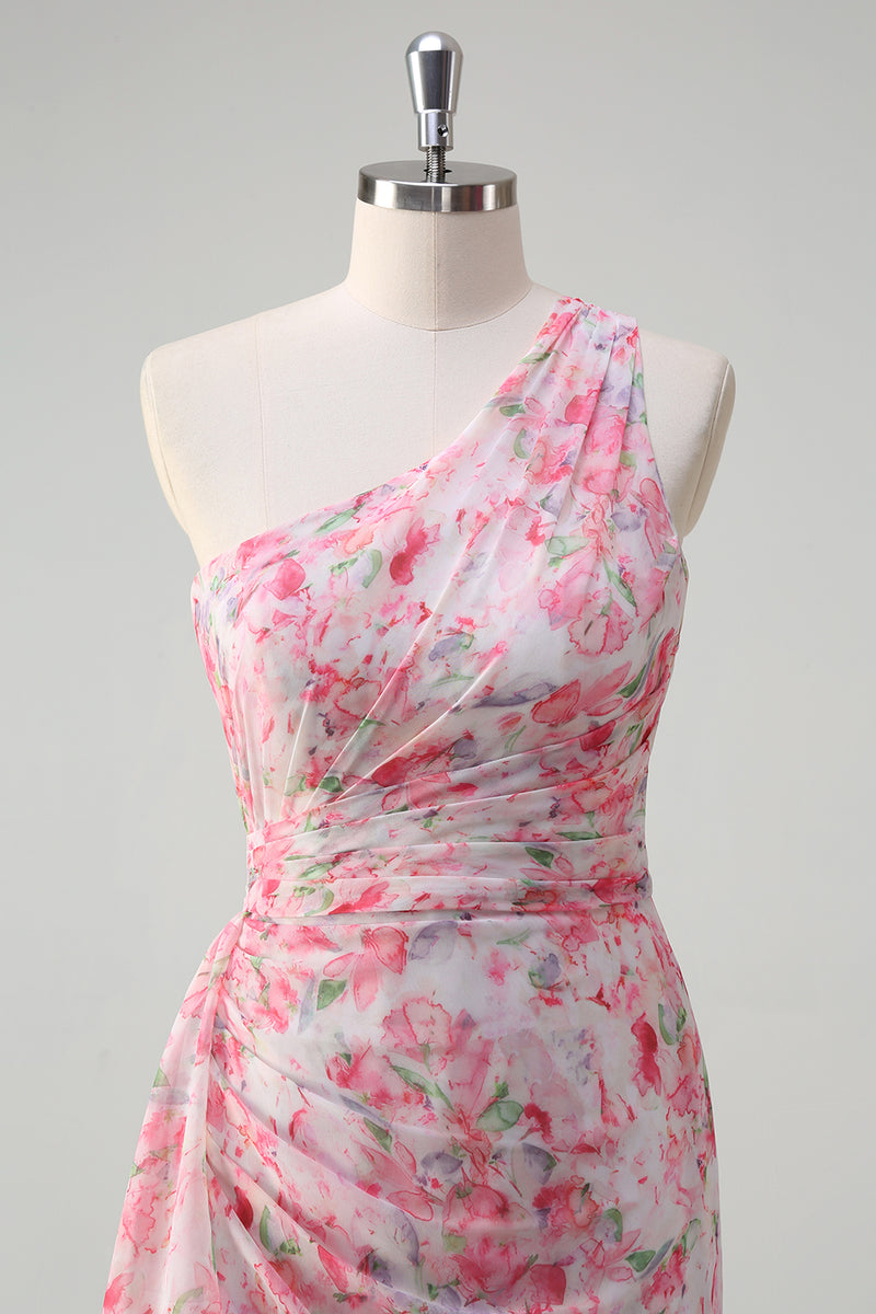 Load image into Gallery viewer, Pink Floral Ruched One Shoulder Long Formal Dress with Embroidery