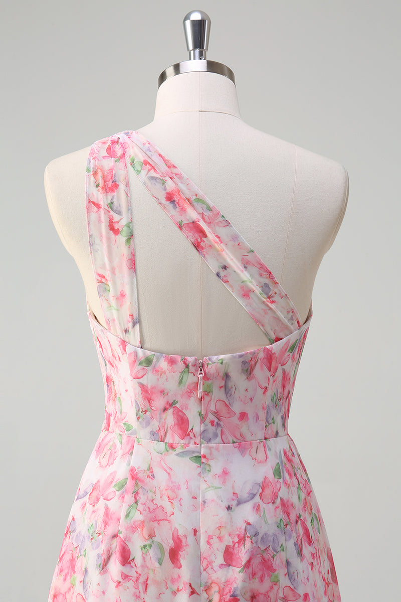 Load image into Gallery viewer, Pink Floral Ruched One Shoulder Long Formal Dress with Embroidery