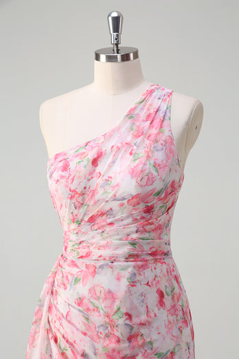 Pink Floral Ruched One Shoulder Long Formal Dress with Embroidery