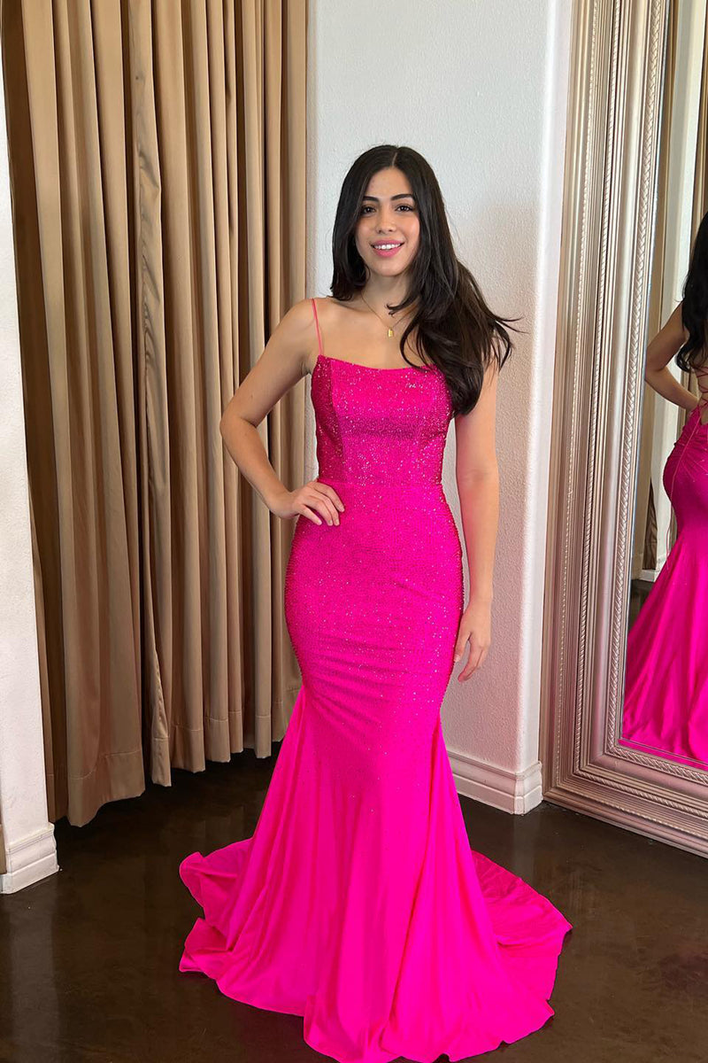 Load image into Gallery viewer, Sparkly Fuchsia Corset Long Formal Dress with Lace Up Back