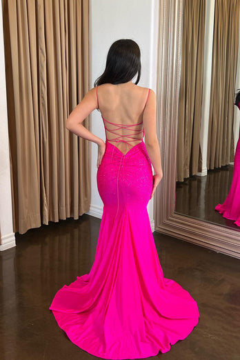 Sparkly Fuchsia Corset Long Formal Dress with Lace Up Back