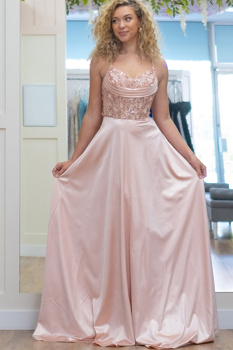 Load image into Gallery viewer, Sparkly Pink Corset Spaghetti Straps Long Formal Dress