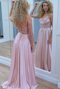 Sparkly Pink Corset Spaghetti Straps Long Formal Dress