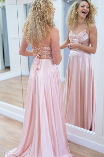 Sparkly Pink Corset Spaghetti Straps Long Formal Dress