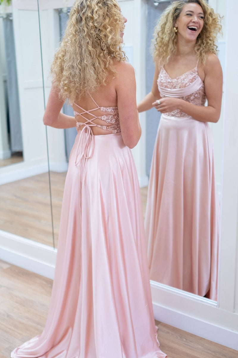 Load image into Gallery viewer, Sparkly Pink Corset Spaghetti Straps Long Formal Dress