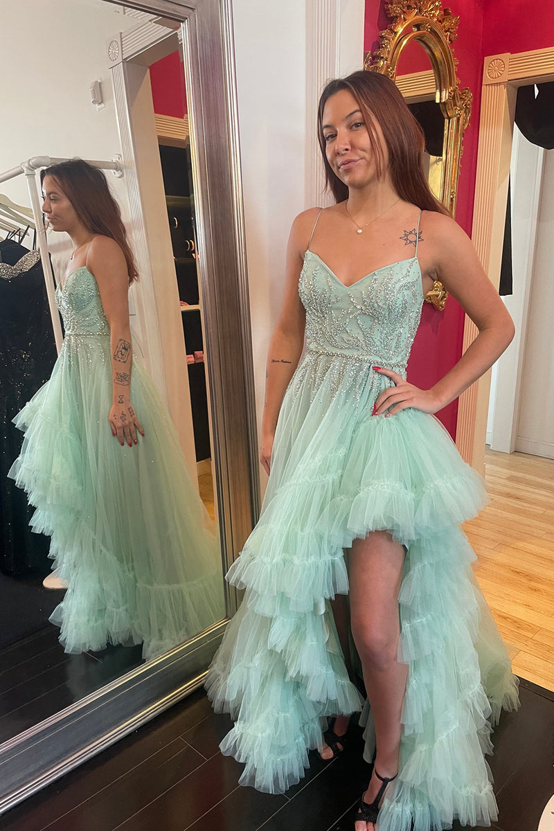 Load image into Gallery viewer, Sparkly Sage Beaded Tiered Long Formal Dress with Slit