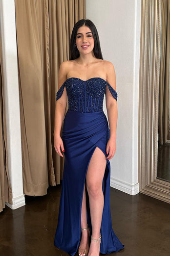 Sparkly Navy Corset Off The Shoulder Long Formal Dress