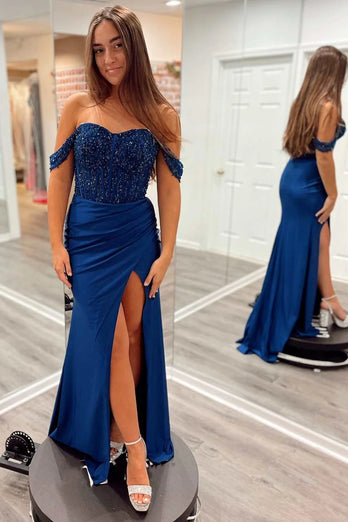 Sparkly Navy Corset Off The Shoulder Long Formal Dress