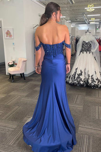 Sparkly Navy Corset Off The Shoulder Long Formal Dress