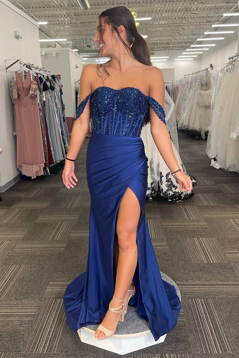 Load image into Gallery viewer, Sparkly Navy Corset Off The Shoulder Long Formal Dress