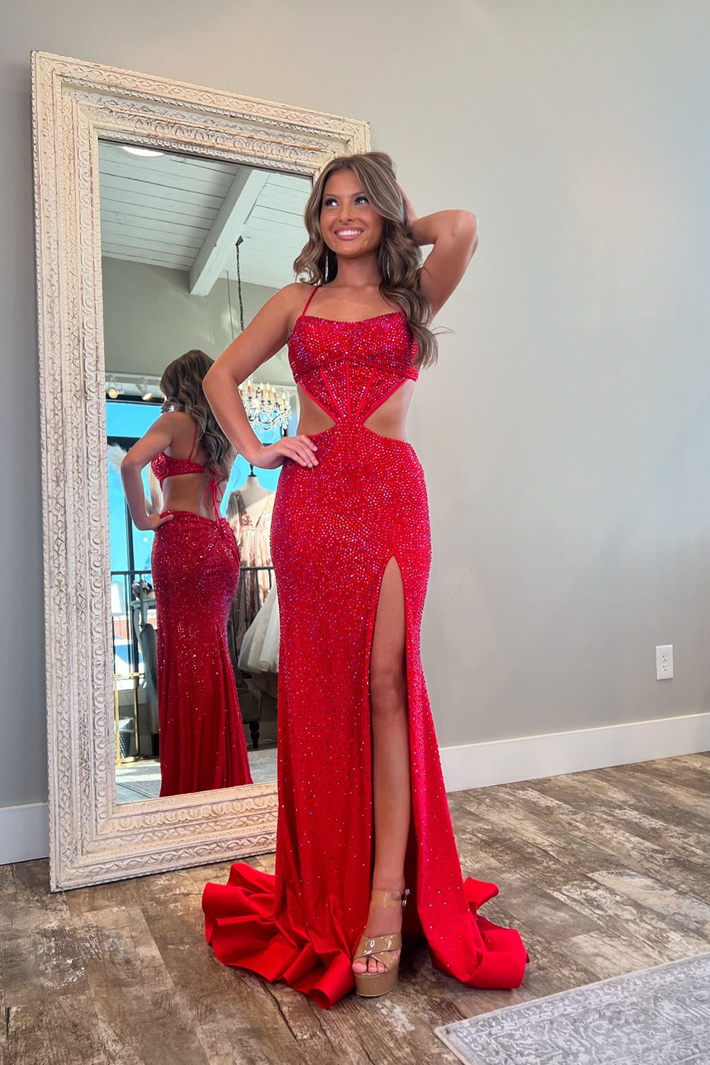 Sparkly Red Corset Long Formal Dress with Beading