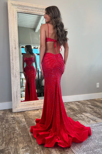 Sparkly Red Corset Long Formal Dress with Beading