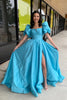 Load image into Gallery viewer, Princess Blue Puff Sleeves Long Formal Dress with Bow