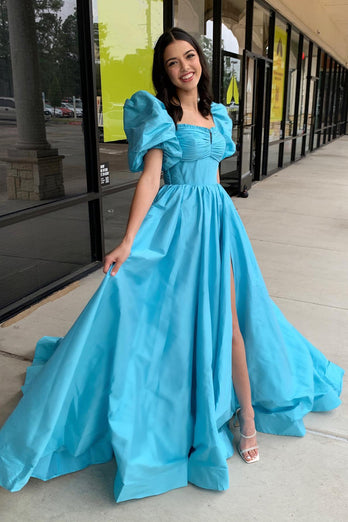 Princess Blue Puff Sleeves Long Formal Dress with Bow