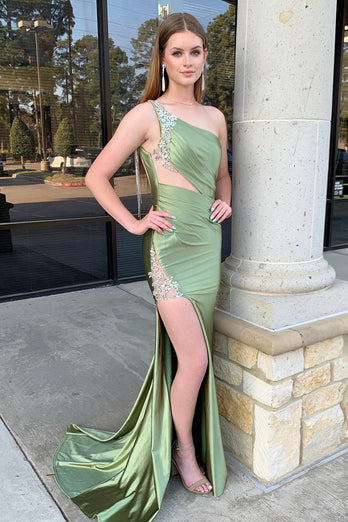 Sparkly Sage Open Back Long Formal Dress with Appliqued