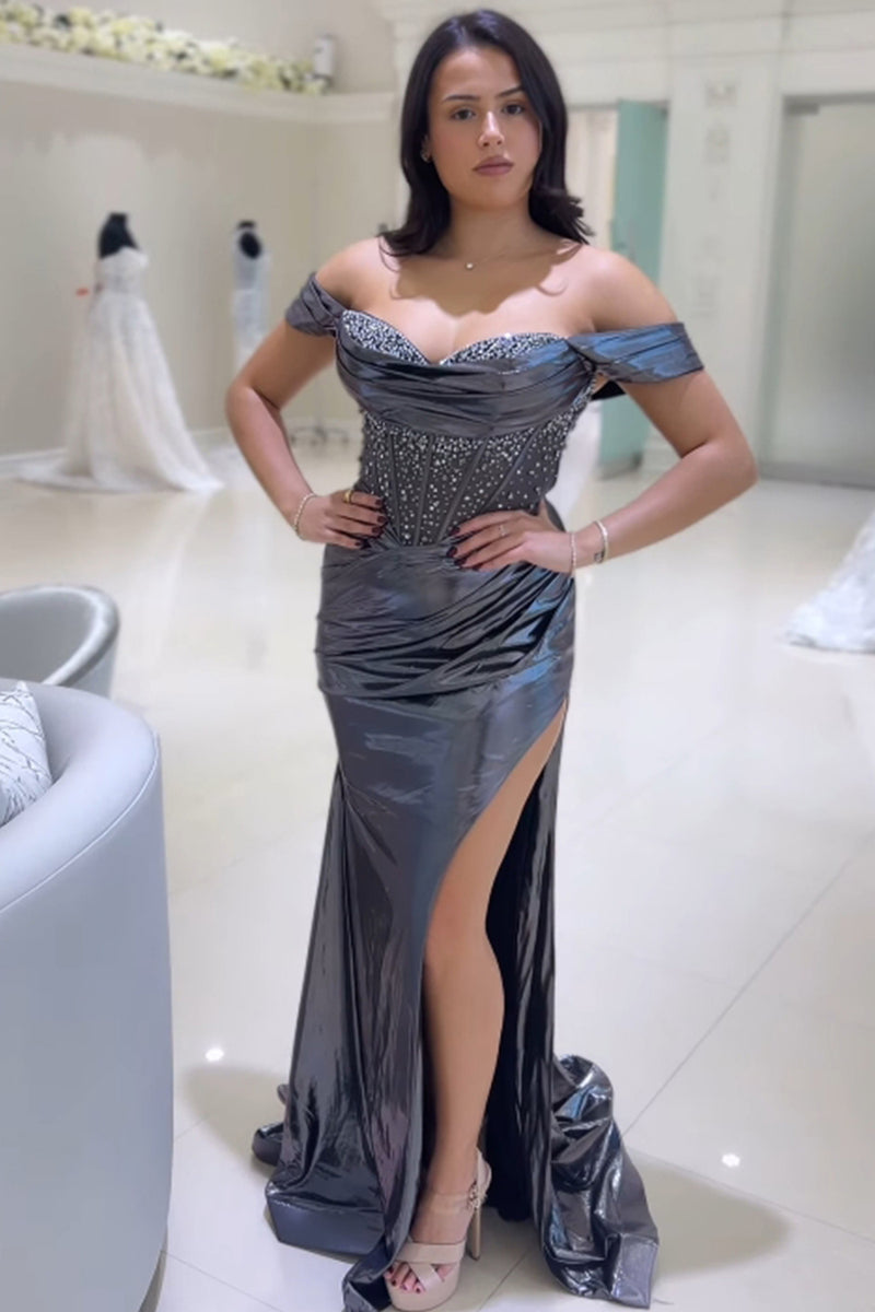 Load image into Gallery viewer, Sparkly Grey Corset Ruched Long Formal Dress