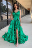 Load image into Gallery viewer, Green Spaghetti Straps Tiered Long Formal Dress with Slit