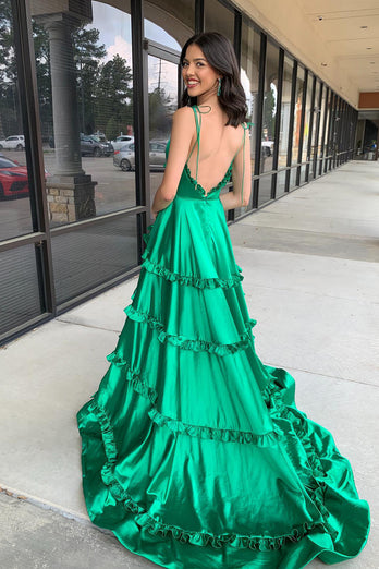 Green Spaghetti Straps Tiered Long Formal Dress with Slit