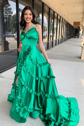 Green Spaghetti Straps Tiered Long Formal Dress with Slit