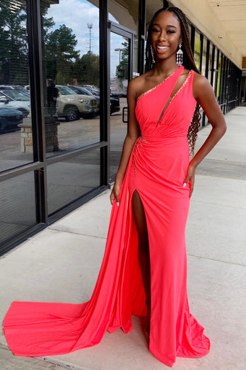 Sparkly Coral One Shoulder Long Formal Dress with Slit